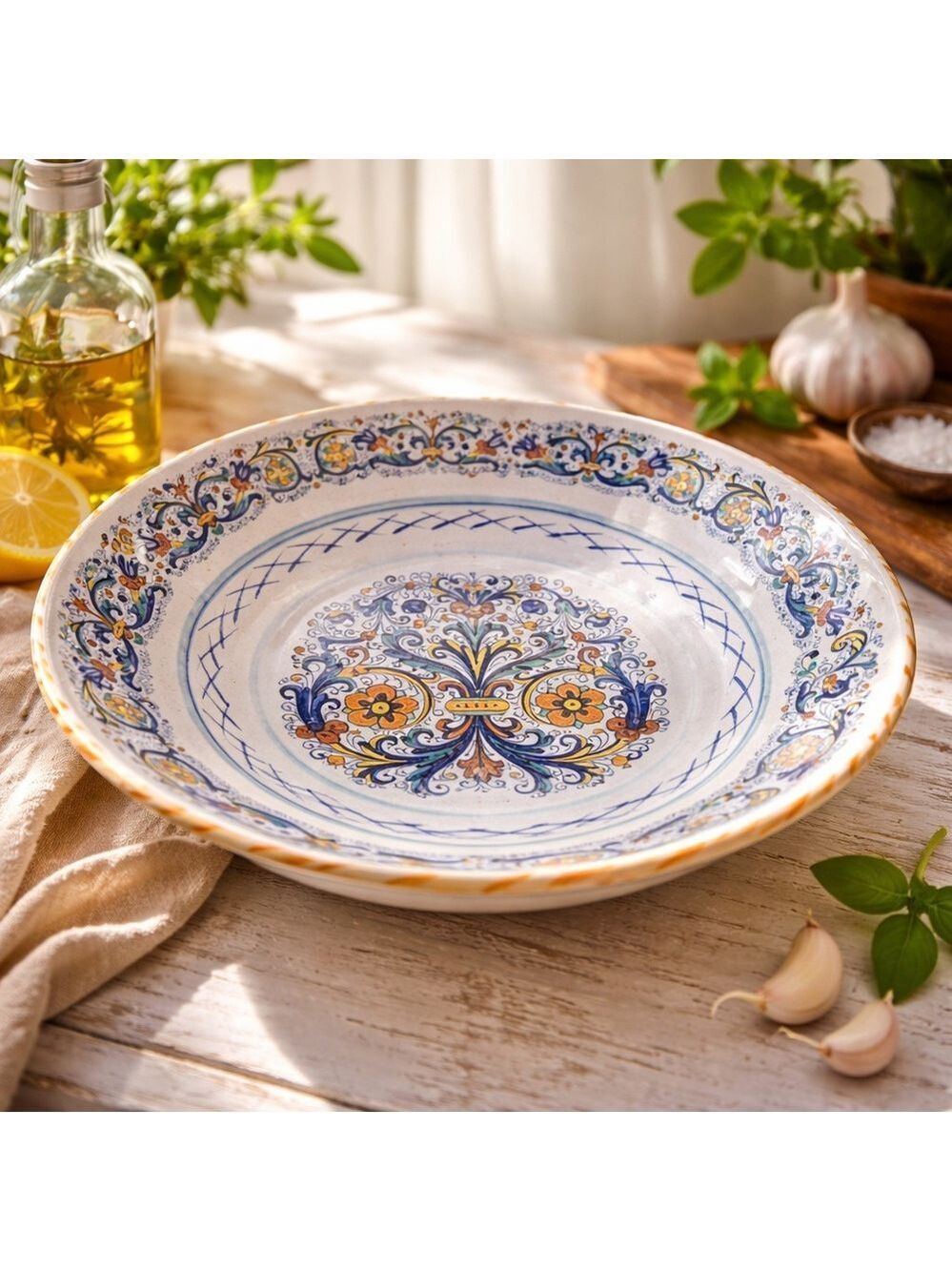 VINTAGE MOMA Italy Pasta or Decorative Ceramic Bowl with Blue and Orange Pattern
